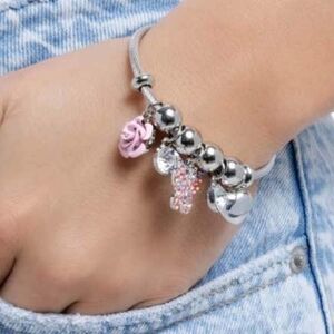 Windblown Whimsy Pink Charm Bracelet Flower Butterfly Heart Coil